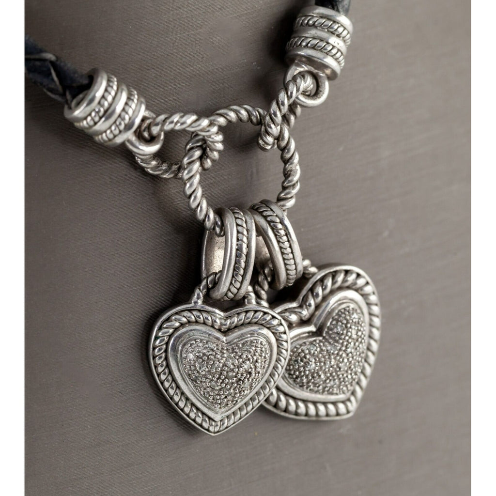 Sterling Silver Braided Leather Double Heart Pendant Alligator Charm