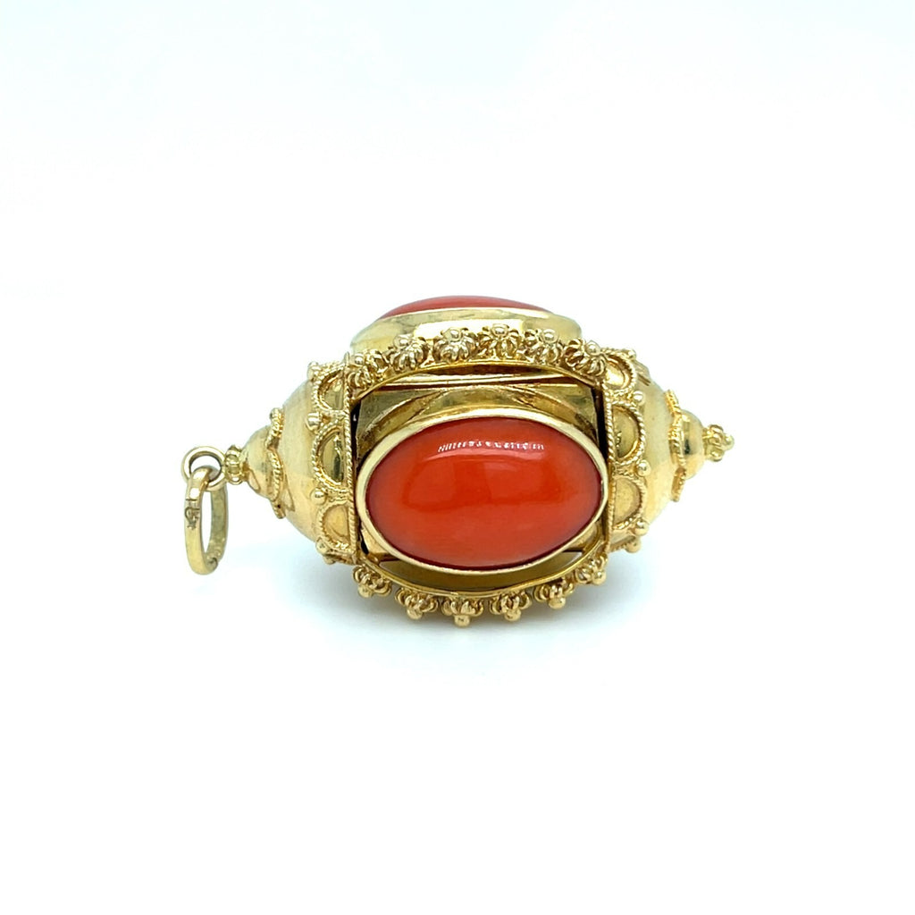 18k Yellow Gold Coral Cabochon Ornate Pendant 14.5g 1-3/4" x 7/8"