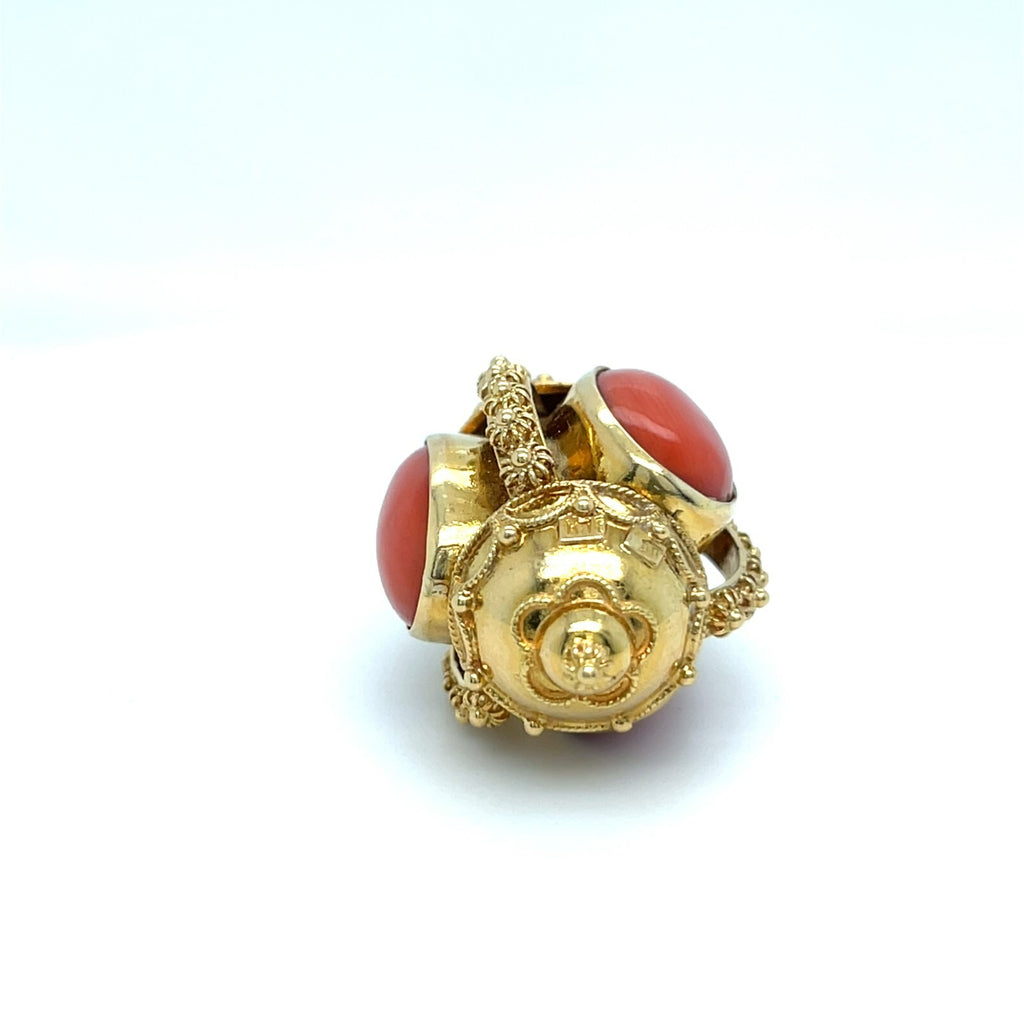18k Yellow Gold Coral Cabochon Ornate Pendant 14.5g 1-3/4" x 7/8"