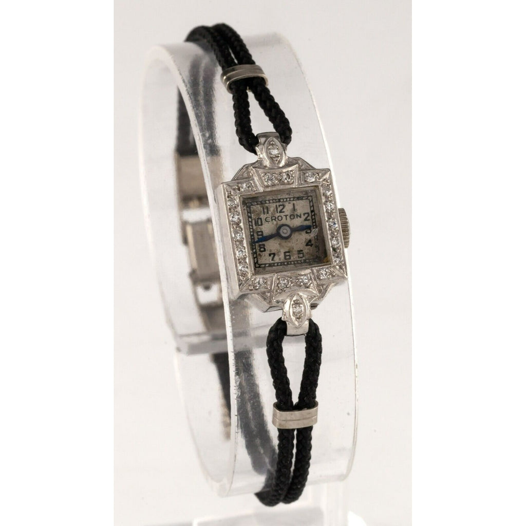 Croton 10k White Gold Women's Diamond Hand-Winding Watch w/ Cord Band