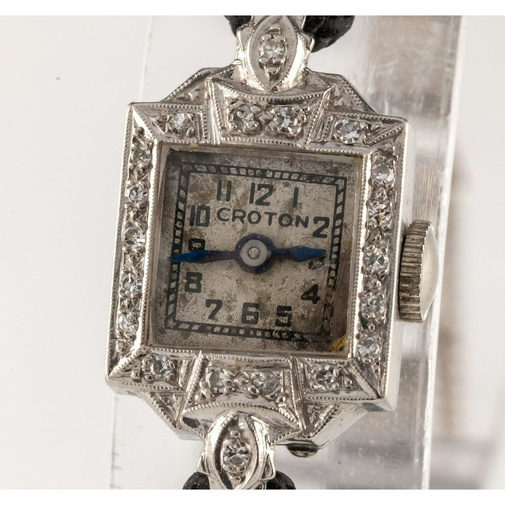 Croton 10k White Gold Women's Diamond Hand-Winding Watch w/ Cord Band