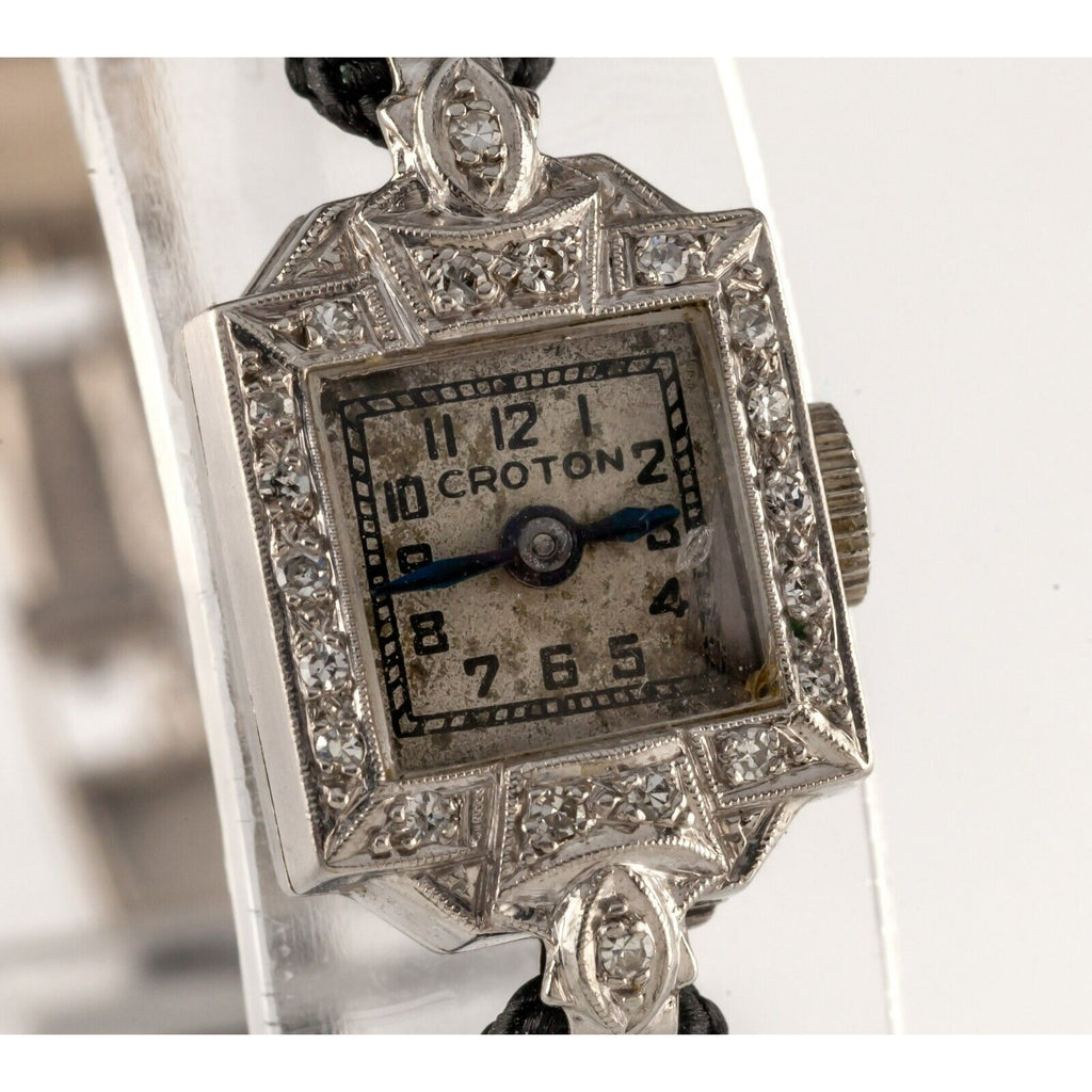 Croton 10k White Gold Women's Diamond Hand-Winding Watch w/ Cord Band
