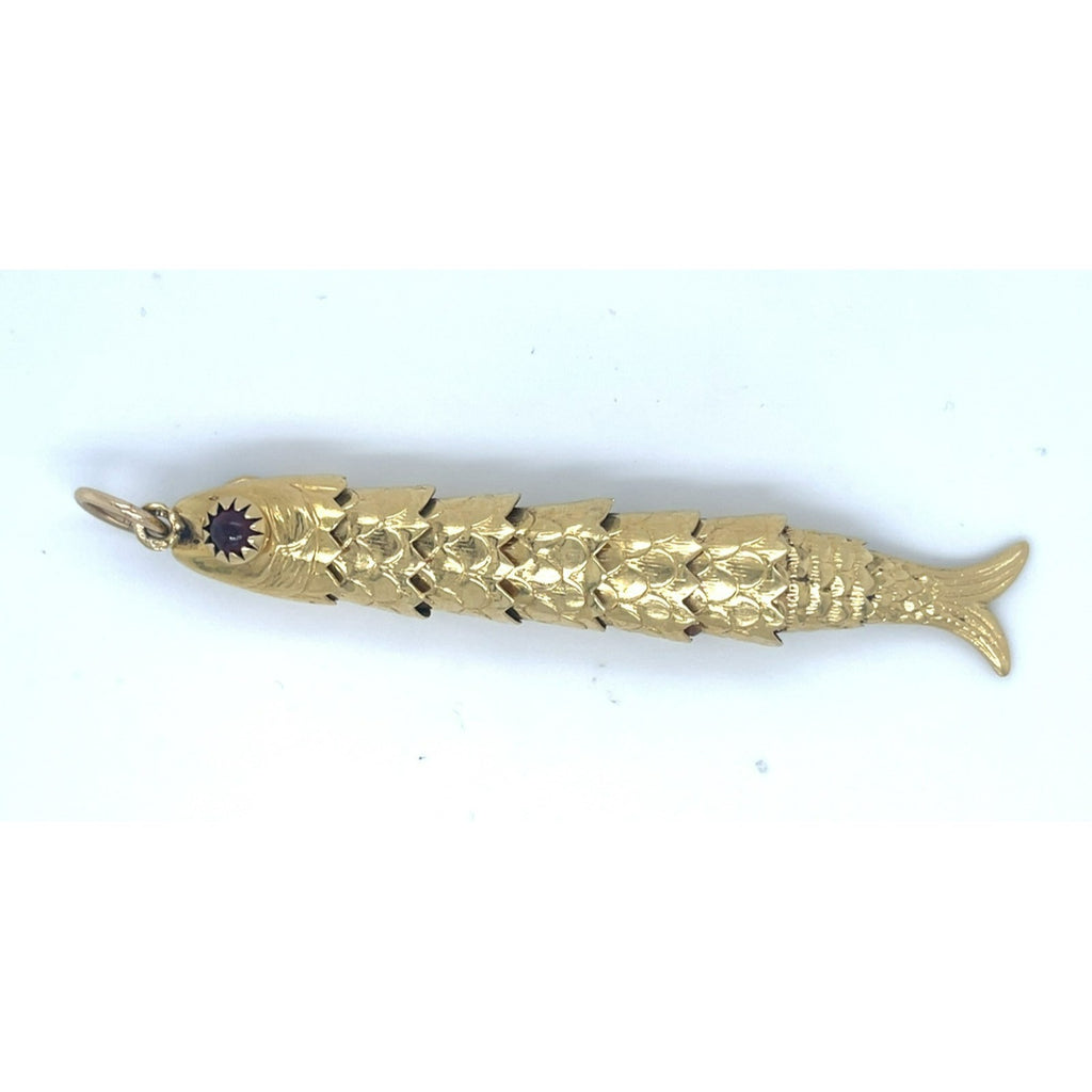 18k Yellow Gold Articulating Fish Pendant with Garnet Eye Gorgeous!