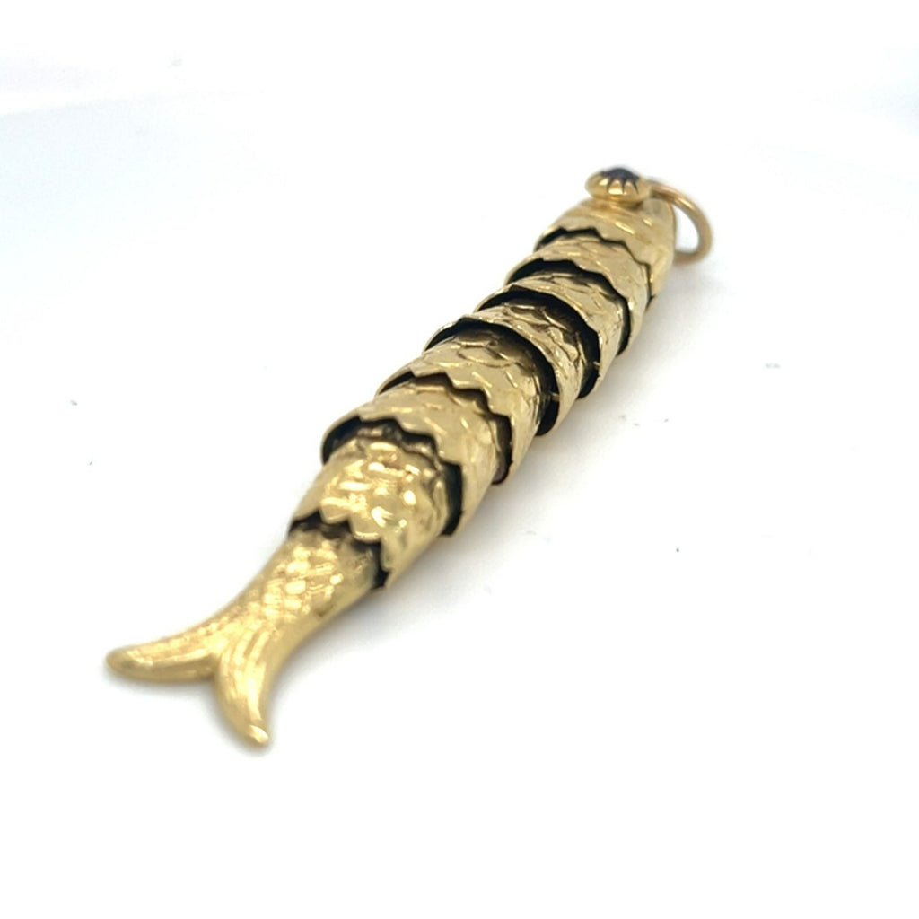 18k Yellow Gold Articulating Fish Pendant with Garnet Eye Gorgeous!