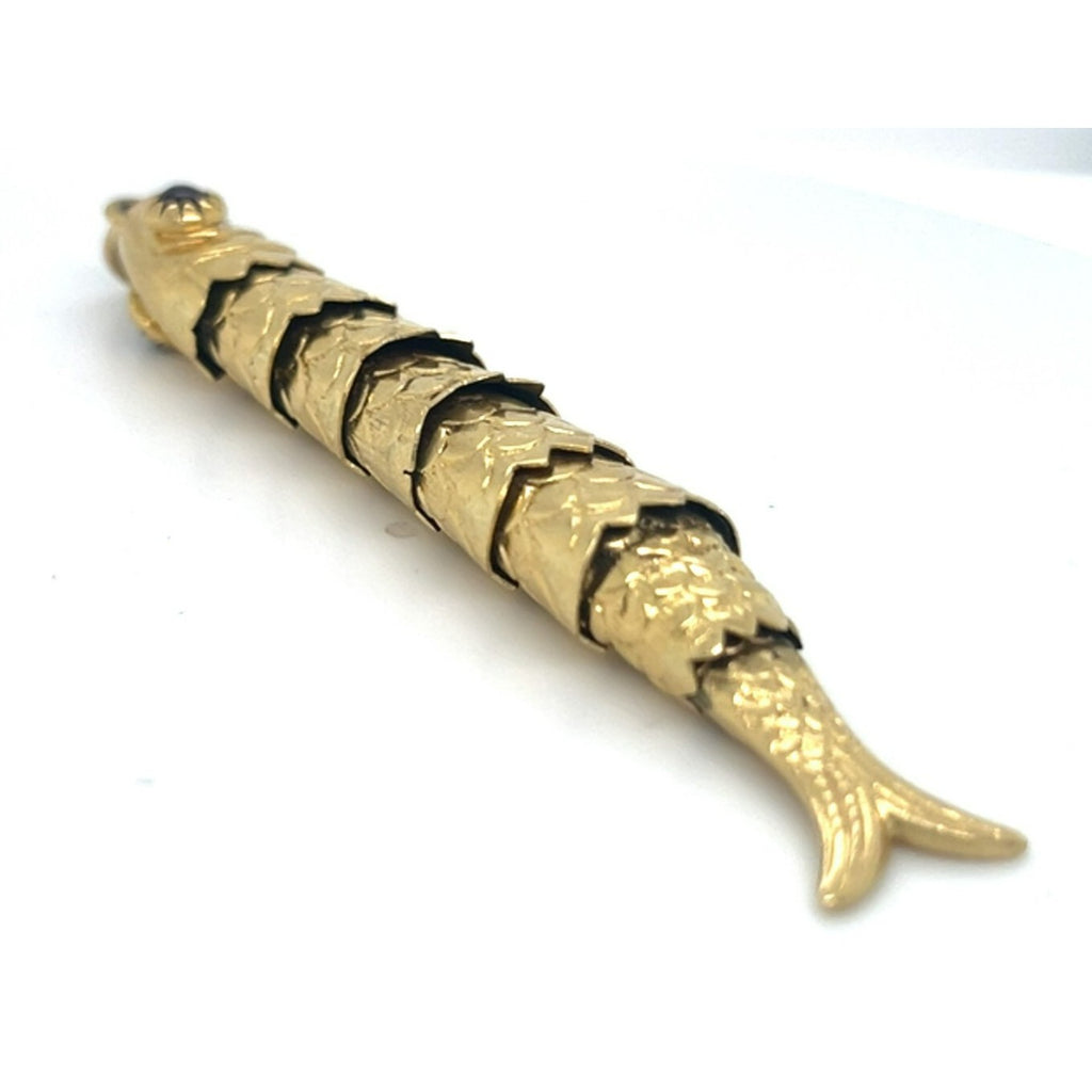 18k Yellow Gold Articulating Fish Pendant with Garnet Eye Gorgeous!