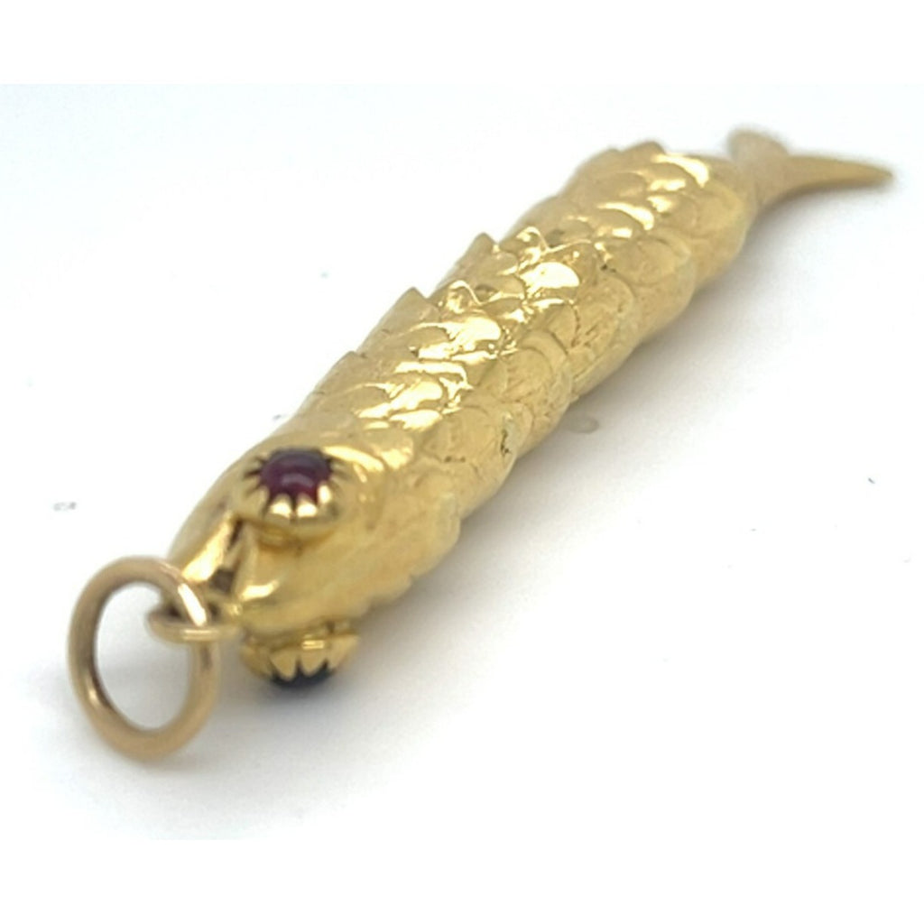 18k Yellow Gold Articulating Fish Pendant with Garnet Eye Gorgeous!