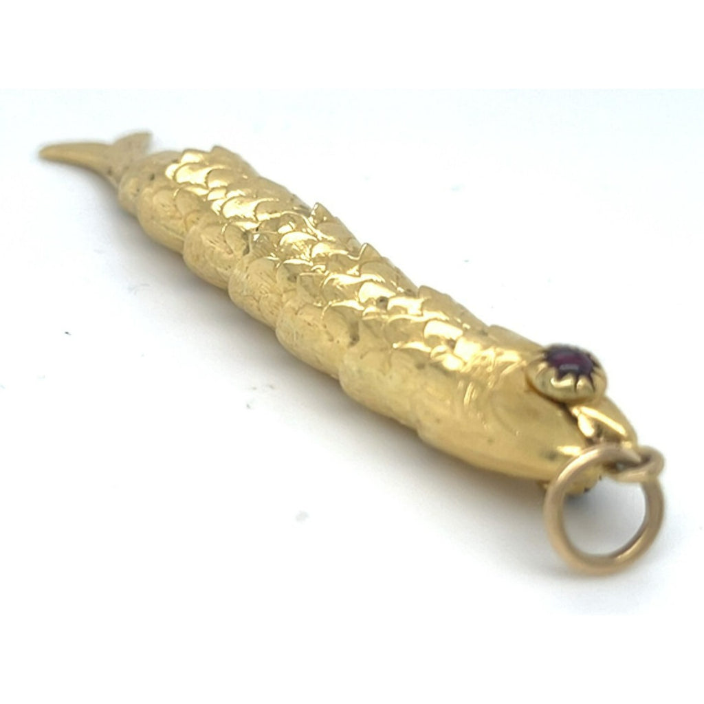 18k Yellow Gold Articulating Fish Pendant with Garnet Eye Gorgeous!
