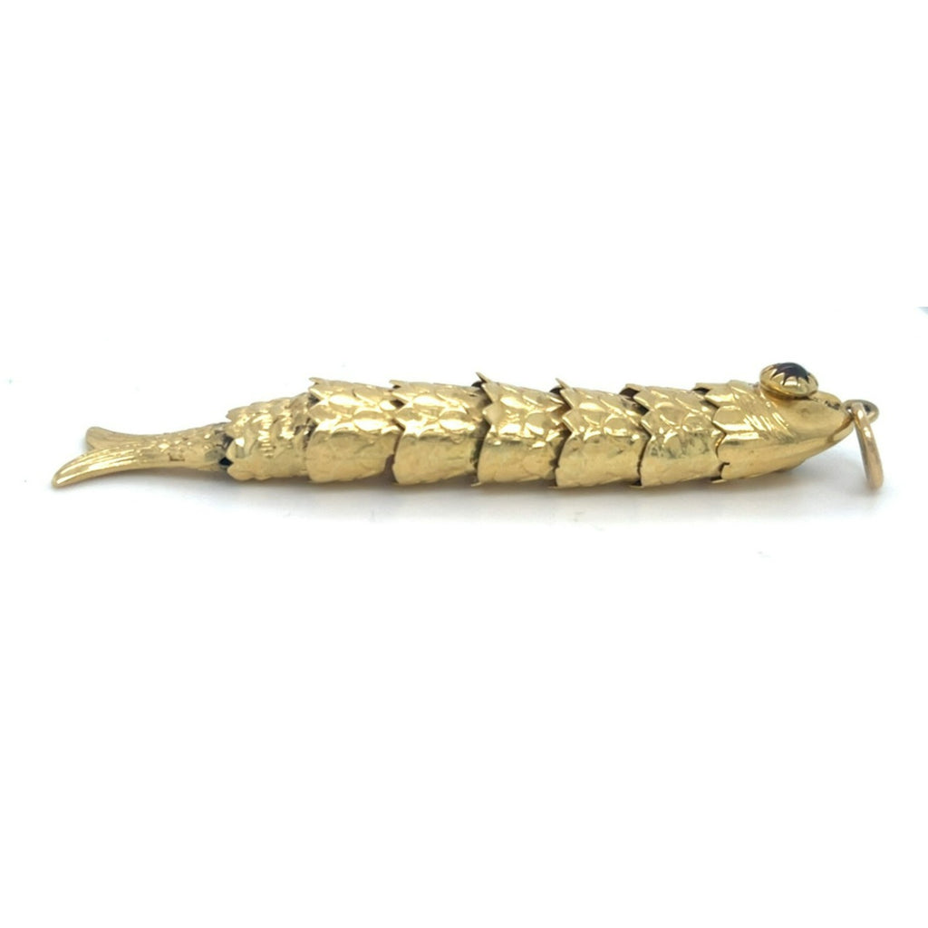 18k Yellow Gold Articulating Fish Pendant with Garnet Eye Gorgeous!