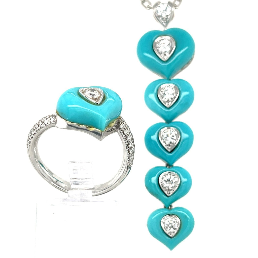18k White Gold & Turquoise Heart Jewelry Set w/ 1.5ct Diamonds, Necklace (16") and Ring (Size 7)