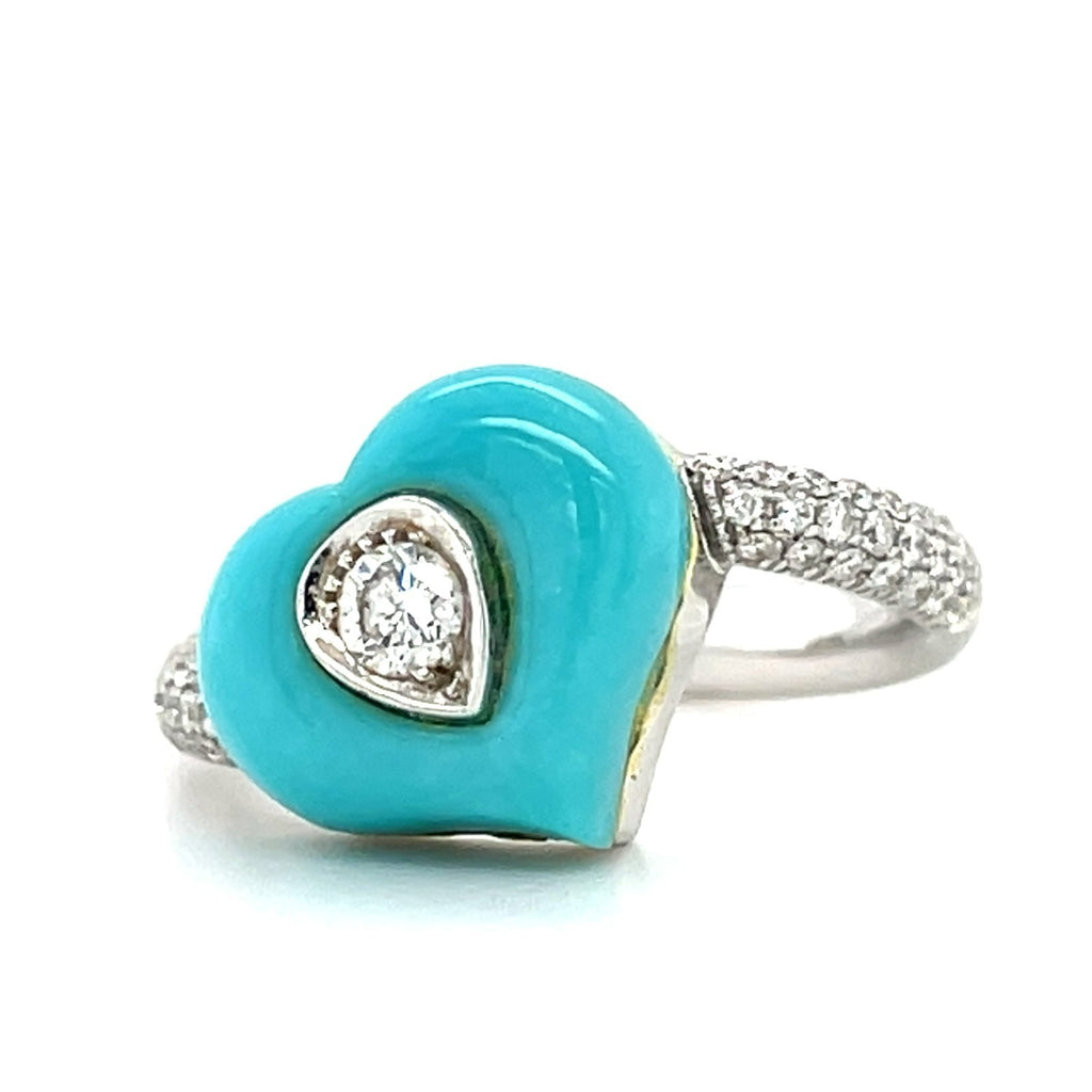 18k White Gold & Turquoise Heart Jewelry Set w/ 1.5ct Diamonds, Necklace (16") and Ring (Size 7)