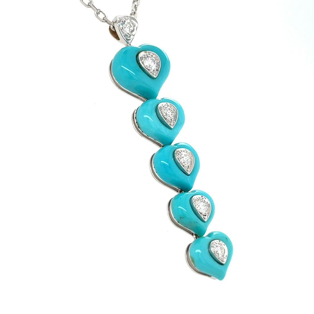 18k White Gold & Turquoise Heart Jewelry Set w/ 1.5ct Diamonds, Necklace (16") and Ring (Size 7)