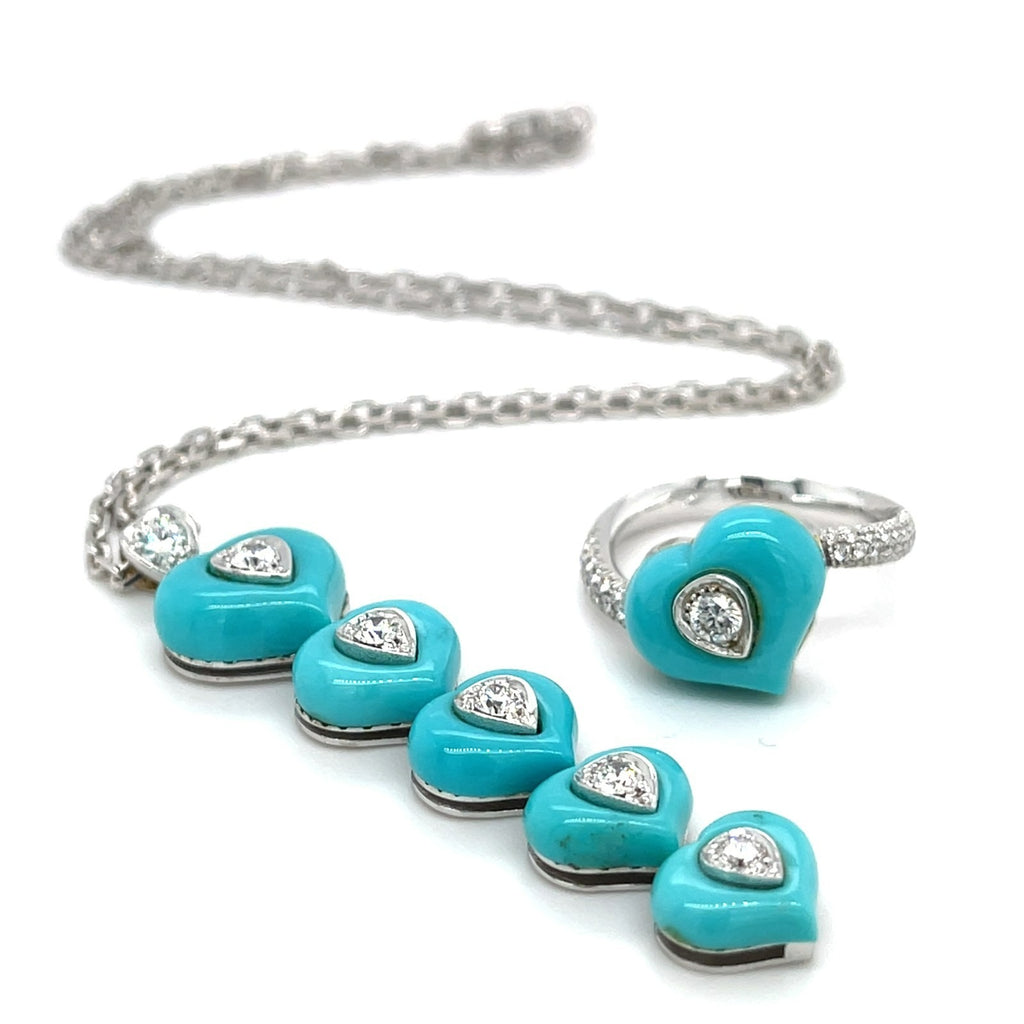 18k White Gold & Turquoise Heart Jewelry Set w/ 1.5ct Diamonds, Necklace (16") and Ring (Size 7)