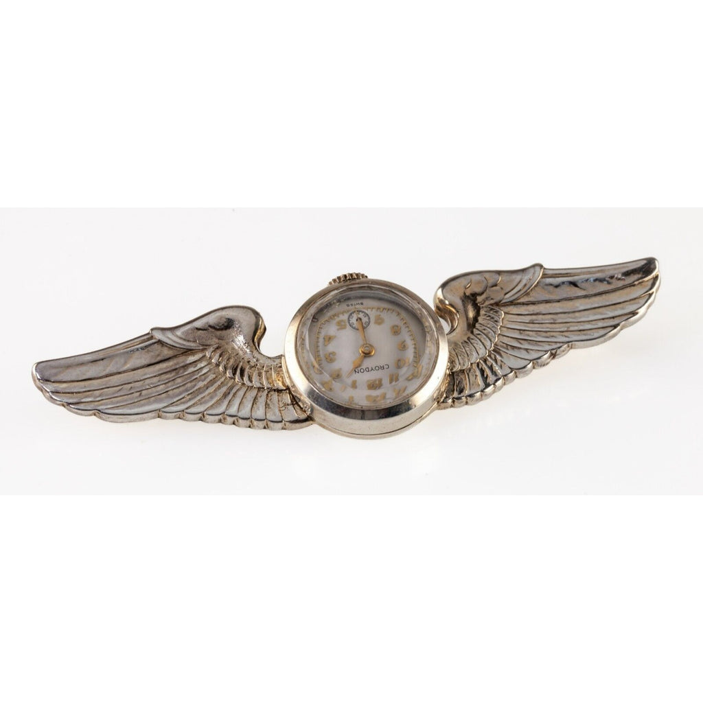 US Pilot Wing Watch Brooch in Sterling Silver by Croydon! Great Vintage Piece!