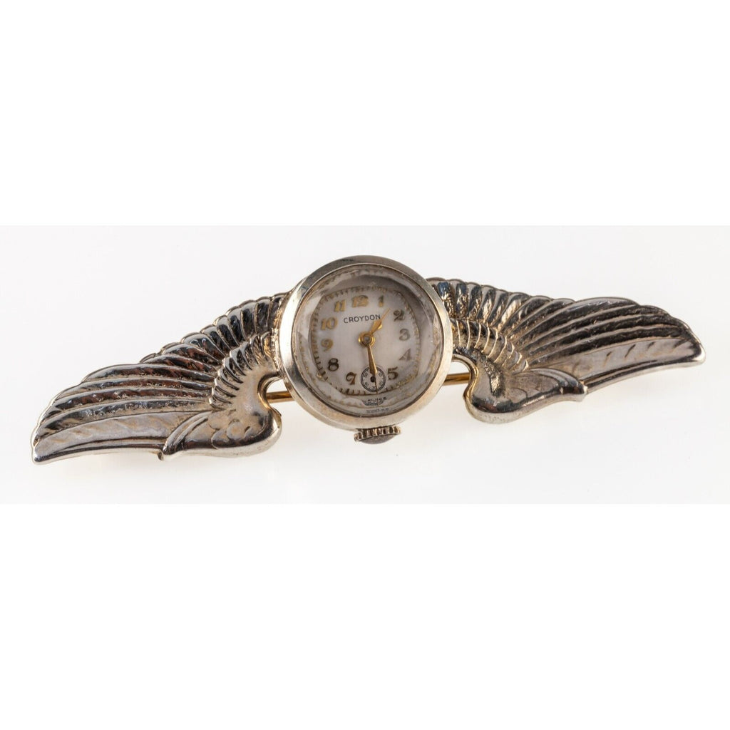 US Pilot Wing Watch Brooch in Sterling Silver by Croydon! Great Vintage Piece!