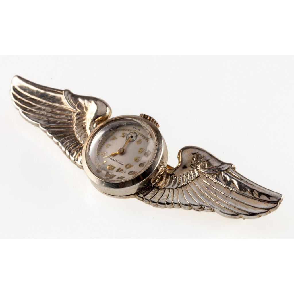 US Pilot Wing Watch Brooch in Sterling Silver by Croydon! Great Vintage Piece!