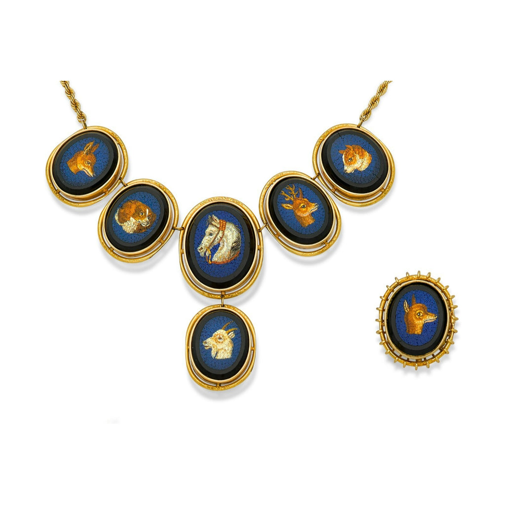 14k Gold Animal-Themed Micromosaic 16" Necklace and Ring Size 7.75 Jewelry Set