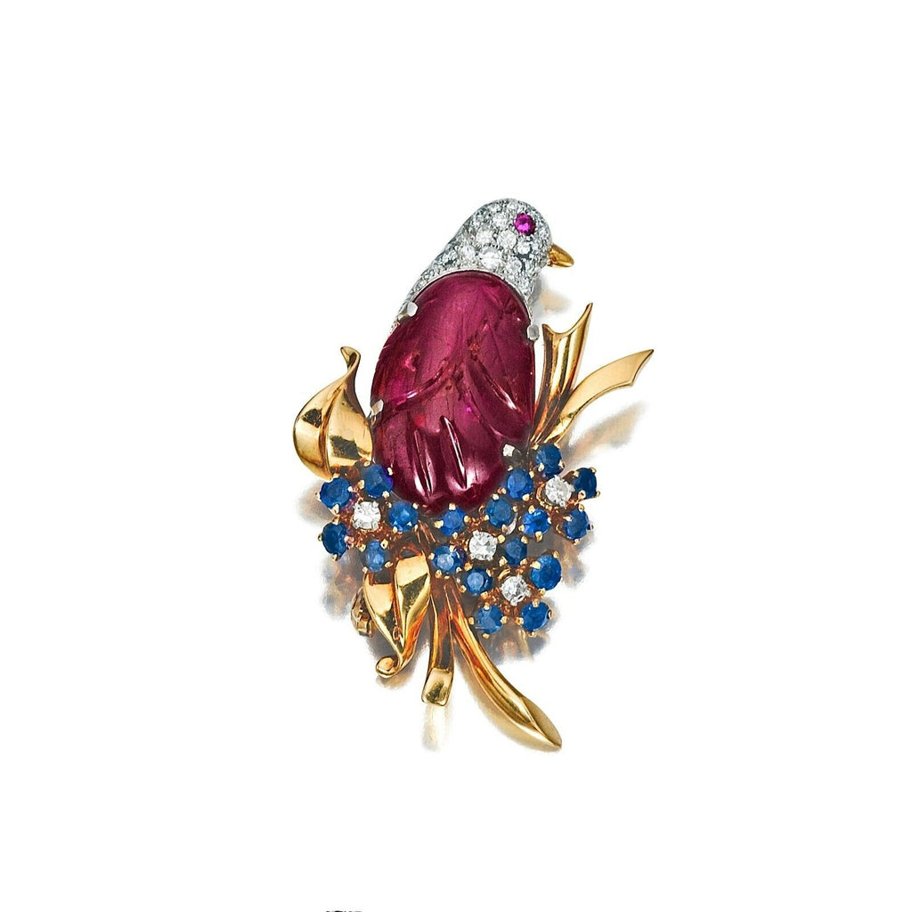Carved Burmese 19.86ct Ruby, Sapphire, Diamond and 14k Gold and Platinum Brooch
