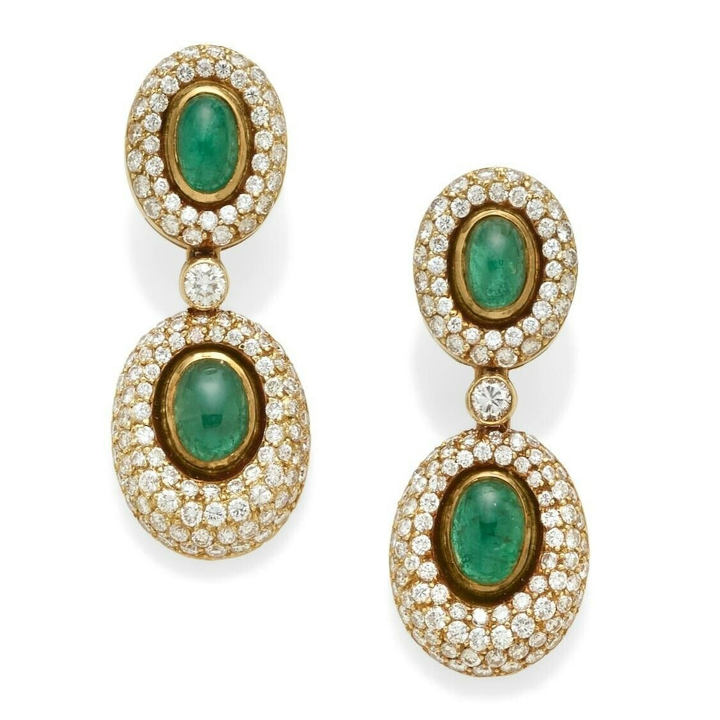 Emerald Cabochon, Diamond and 18k Gold Ear Clips 1-5/8" 21.3g
