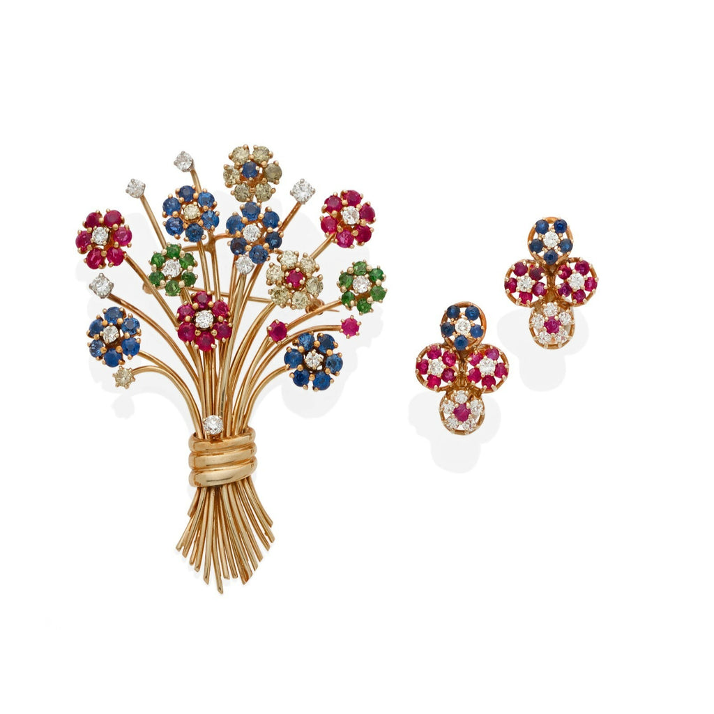 14k Gold Gem-set Flower Bouquet Brooch and Ear Clips w/ 3.42 ct Diamonds 33 gram