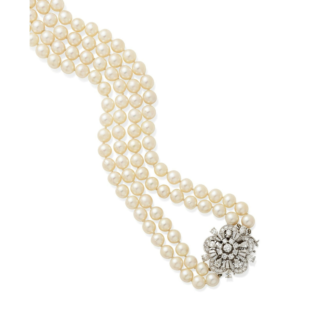 18k White Gold 9.3 ctw Diamond Clasp 9-9.5mm Cultured Pearl 2-Strand Necklace