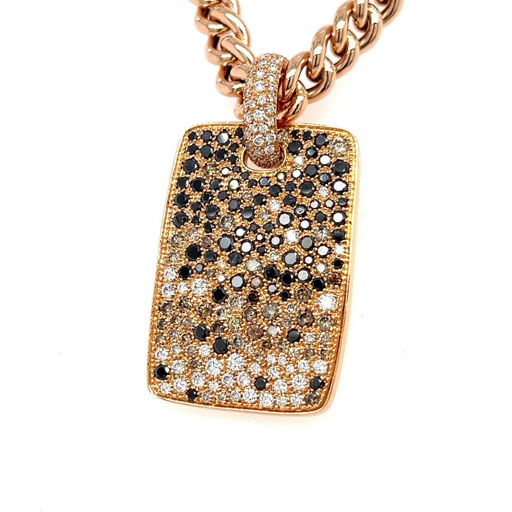 18k Rose Gold 3ct Diamond Cobblestone Dog Tag Pendant Necklace w/ 32" Cuban Link Chain