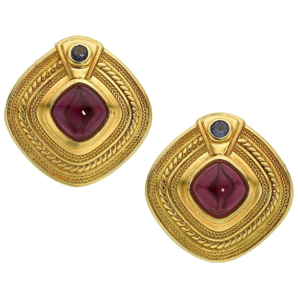 SeidanGang 18k Yellow Gold Garnet and Tanzanite Cabochon Earrings