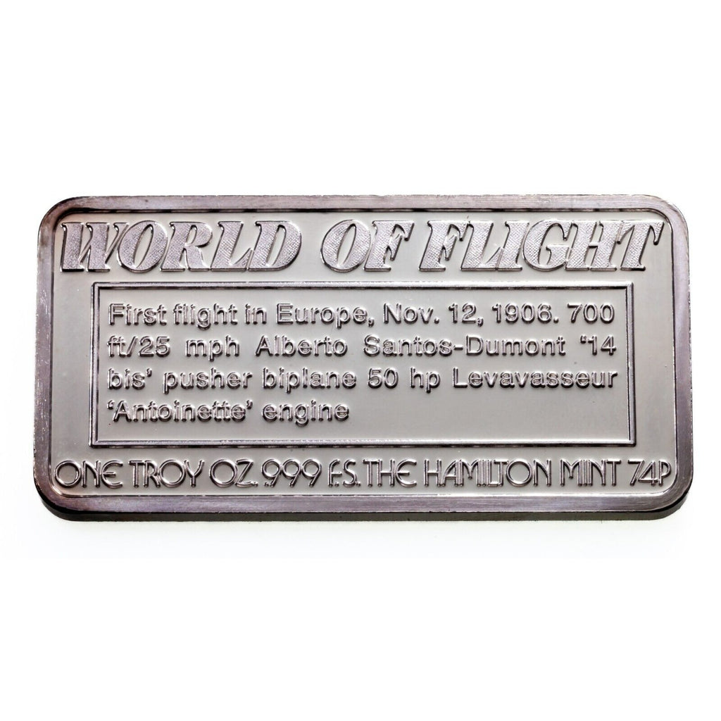 Santos Dumont "14 BIS" - World of Flight Hamilton Mint 1 oz. Silver Art Bar 1974