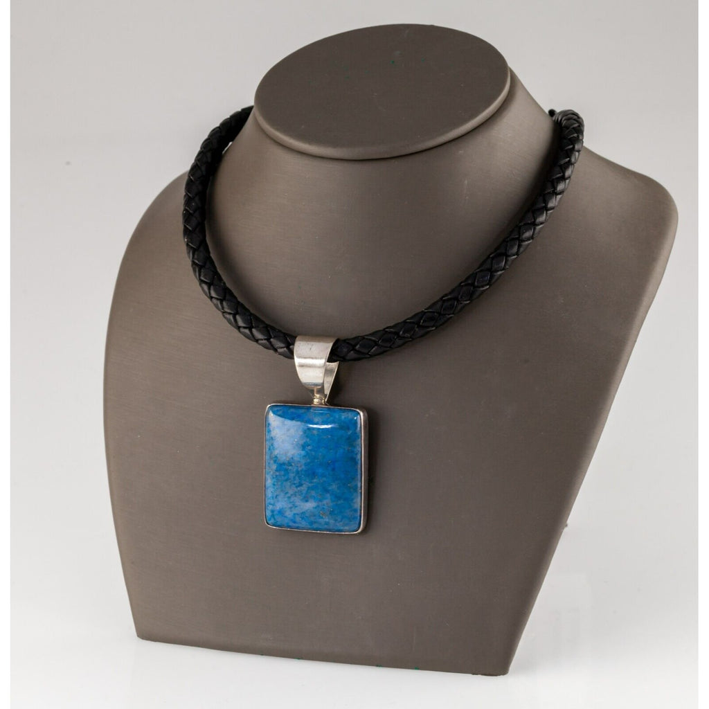 Gorgeous Sterling Silver Lapis Pendant with Braided Leather Strand and Toggle