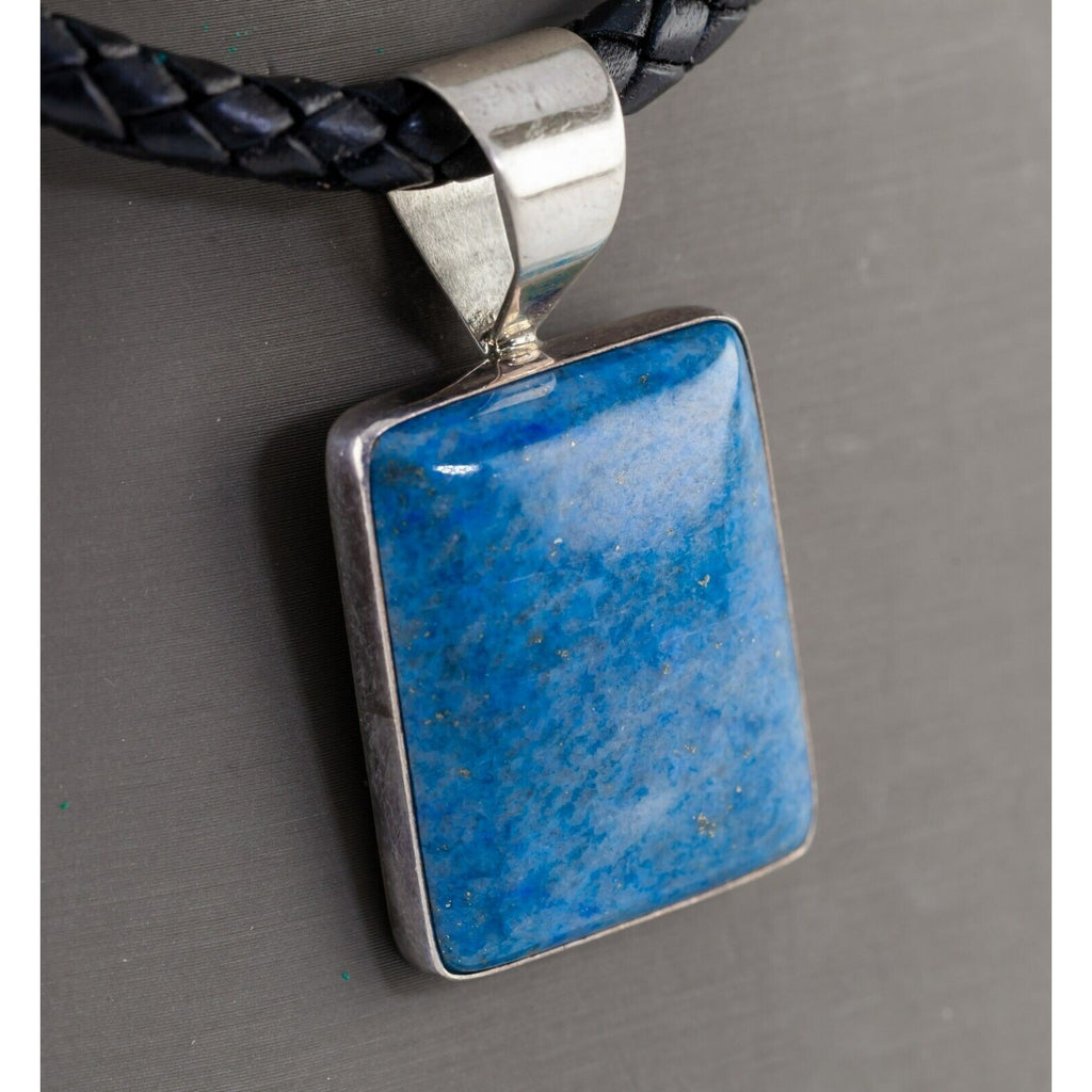 Gorgeous Sterling Silver Lapis Pendant with Braided Leather Strand and Toggle