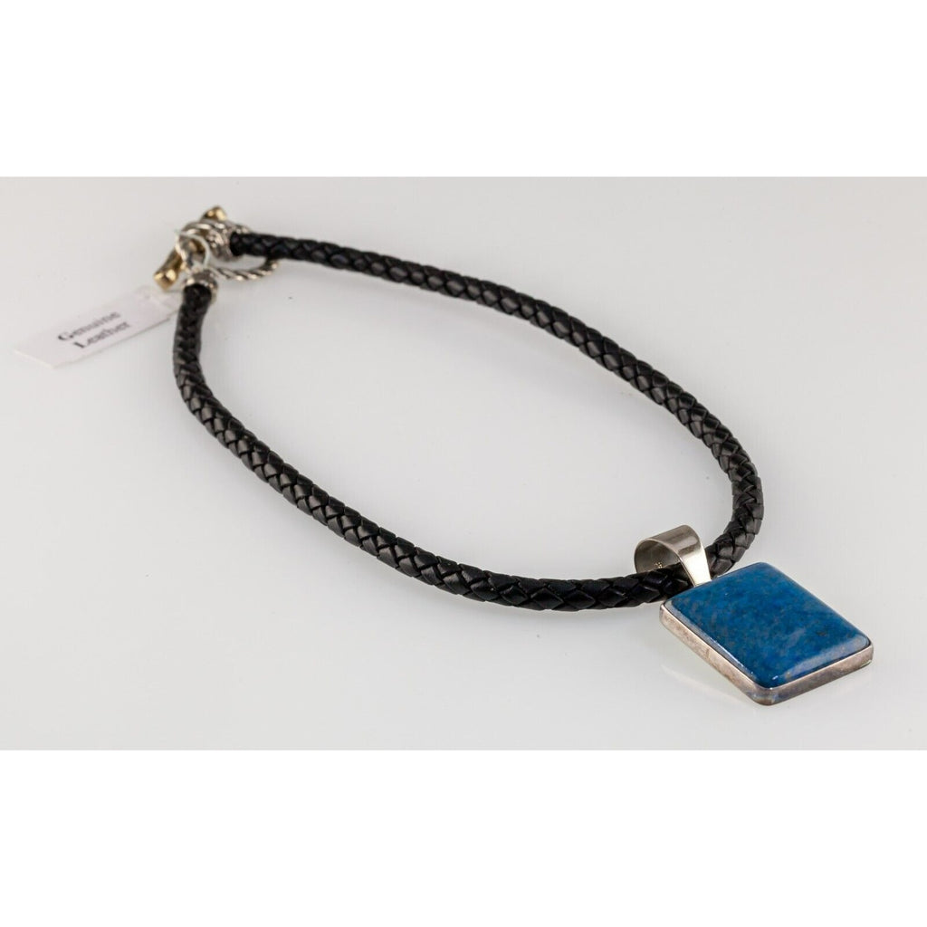 Gorgeous Sterling Silver Lapis Pendant with Braided Leather Strand and Toggle