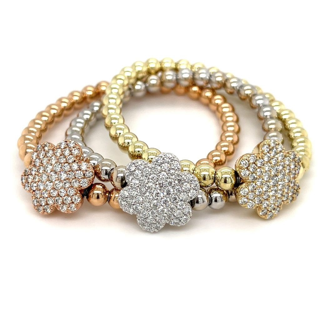 A&G 14k Gold Beaded Flower Stretch Bracelet w/ 1.8ct Pave Diamond Flower