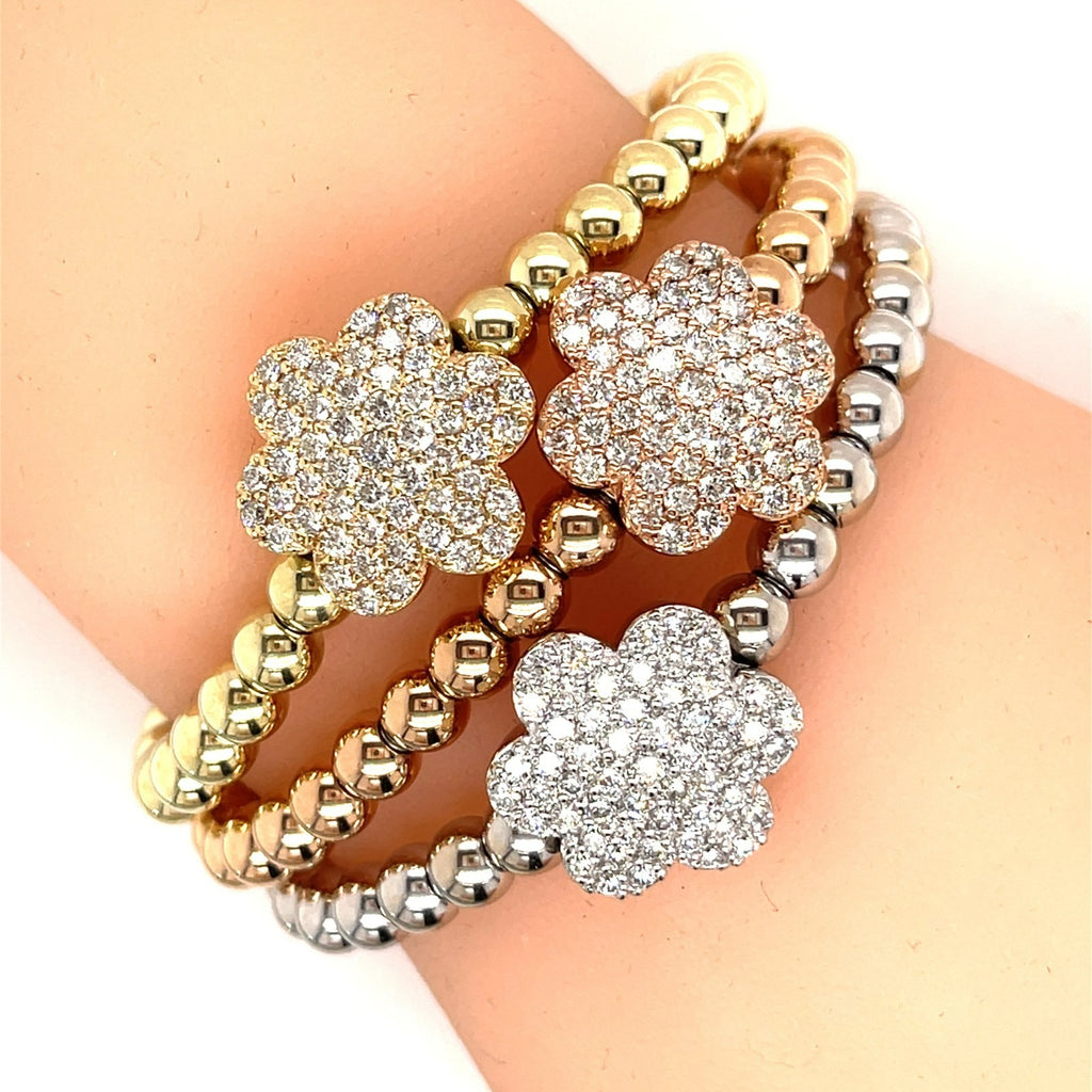 A&G 14k Gold Beaded Flower Stretch Bracelet w/ 1.8ct Pave Diamond Flower