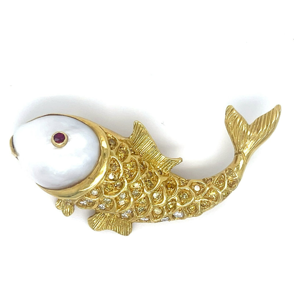 18k Yellow Gold Cultured Pearl Fish Brooch w/ Yellow and White Diamond Accents