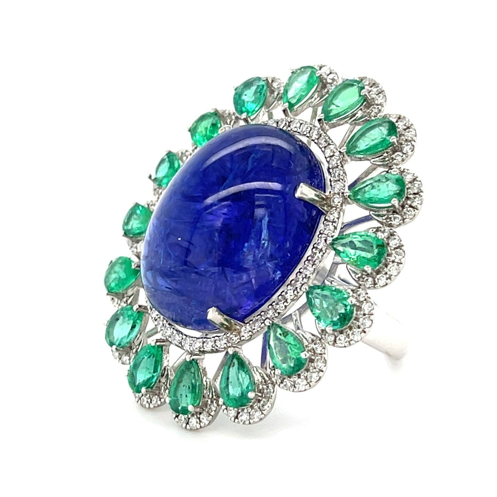 18k White Gold & Tanzanite Cabochon Ring w/ Emerald, Diamond Accents, Size 6.5