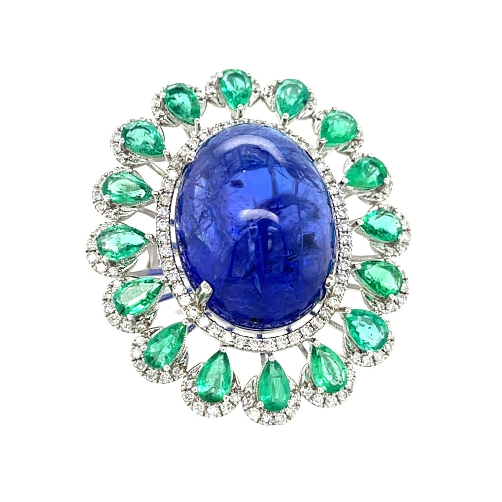 18k White Gold & Tanzanite Cabochon Ring w/ Emerald, Diamond Accents, Size 6.5