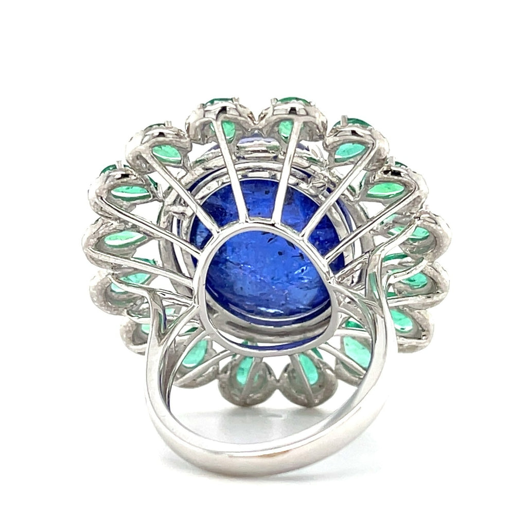 18k White Gold & Tanzanite Cabochon Ring w/ Emerald, Diamond Accents, Size 6.5