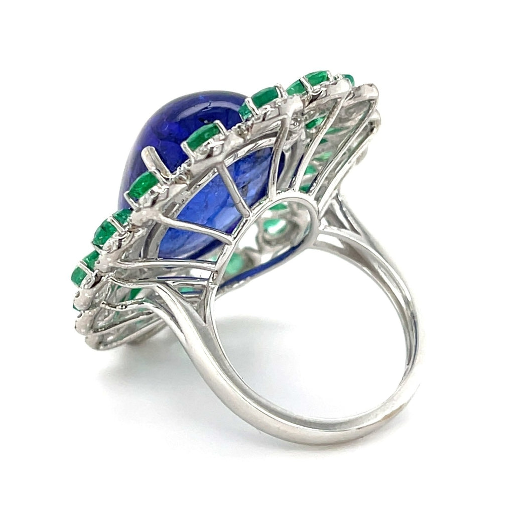 18k White Gold & Tanzanite Cabochon Ring w/ Emerald, Diamond Accents, Size 6.5