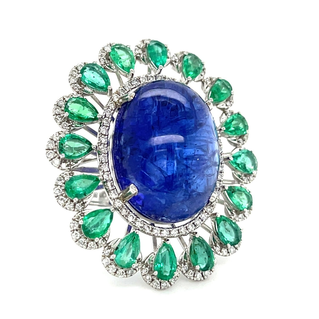 18k White Gold & Tanzanite Cabochon Ring w/ Emerald, Diamond Accents, Size 6.5