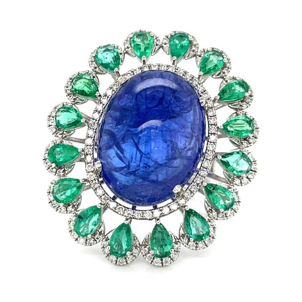 18k White Gold & Tanzanite Cabochon Ring w/ Emerald, Diamond Accents, Size 6.5