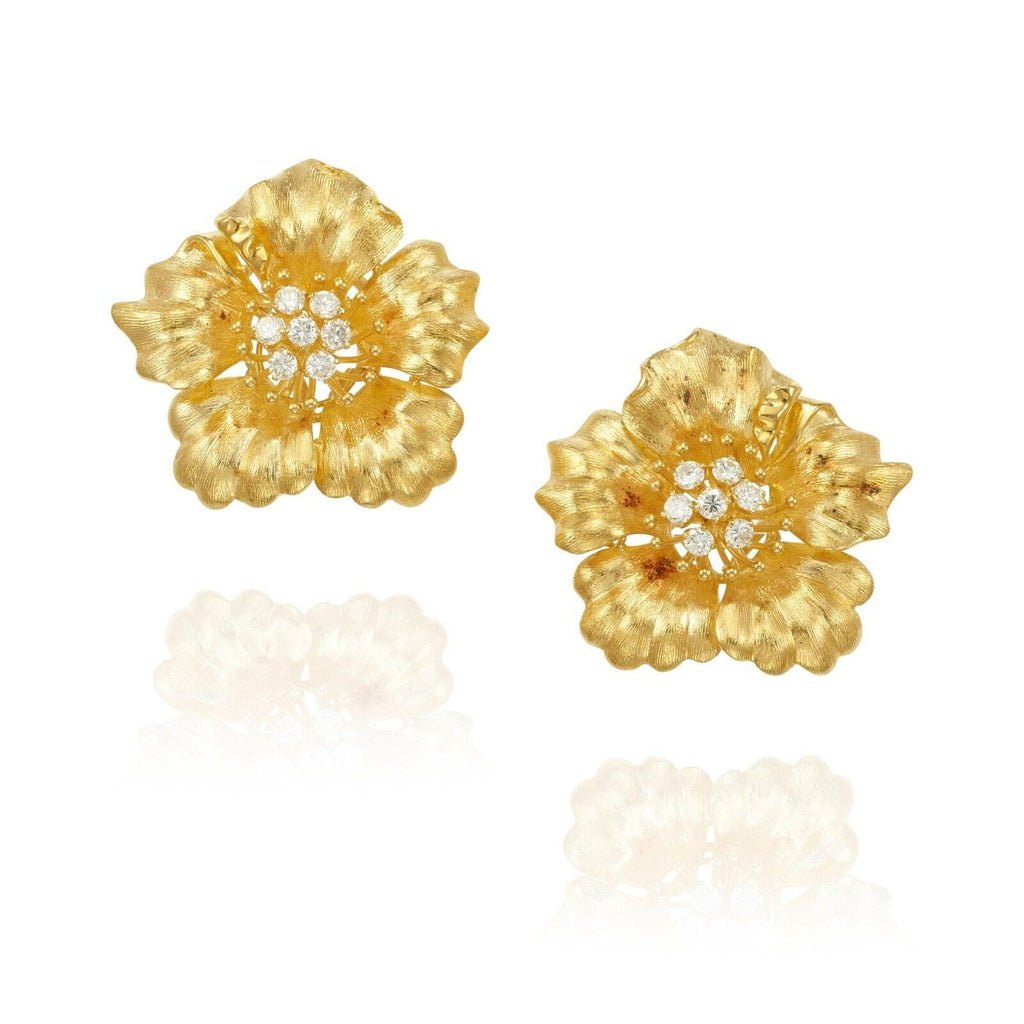 18k Yellow Gold and 0.95ct Flower-shaped Diamond Earrings 23.2 grams 1 1/4 in.