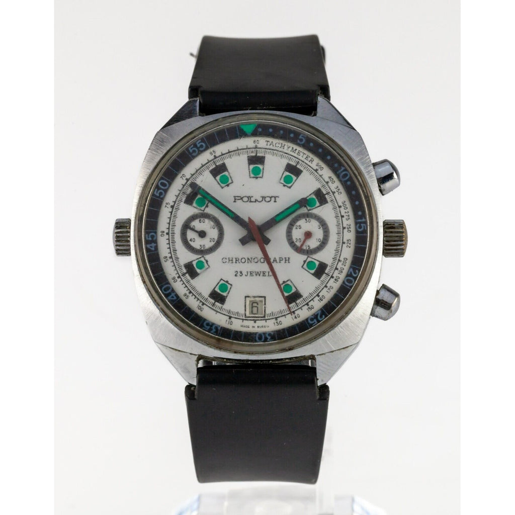 Poljot Stainless Steel Vintage Chronograph Watch w/ Rubber Strap 25 Jewels