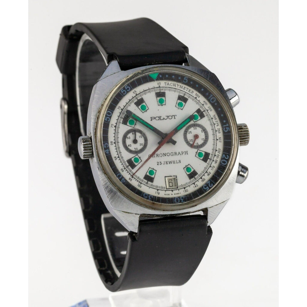 Poljot Stainless Steel Vintage Chronograph Watch w/ Rubber Strap 25 Jewels