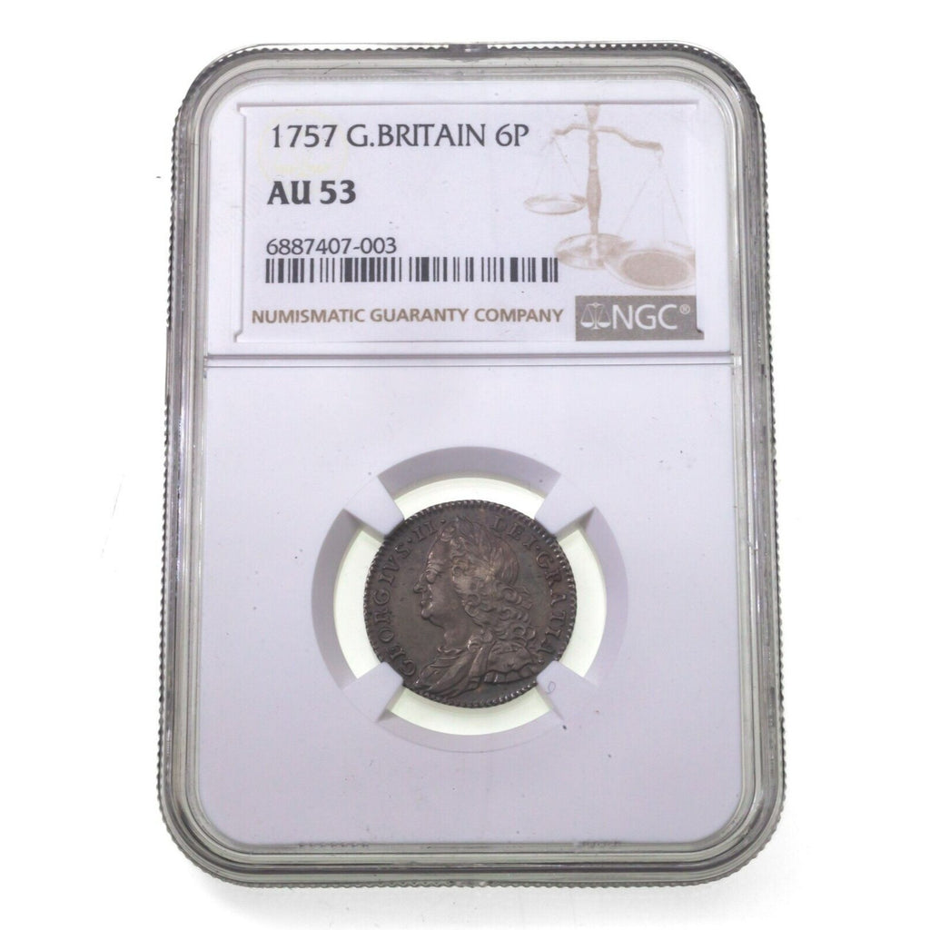 1757 Great Britain 6 Pence in AU 53 By NGC 6P Silver Coin KM 582.2