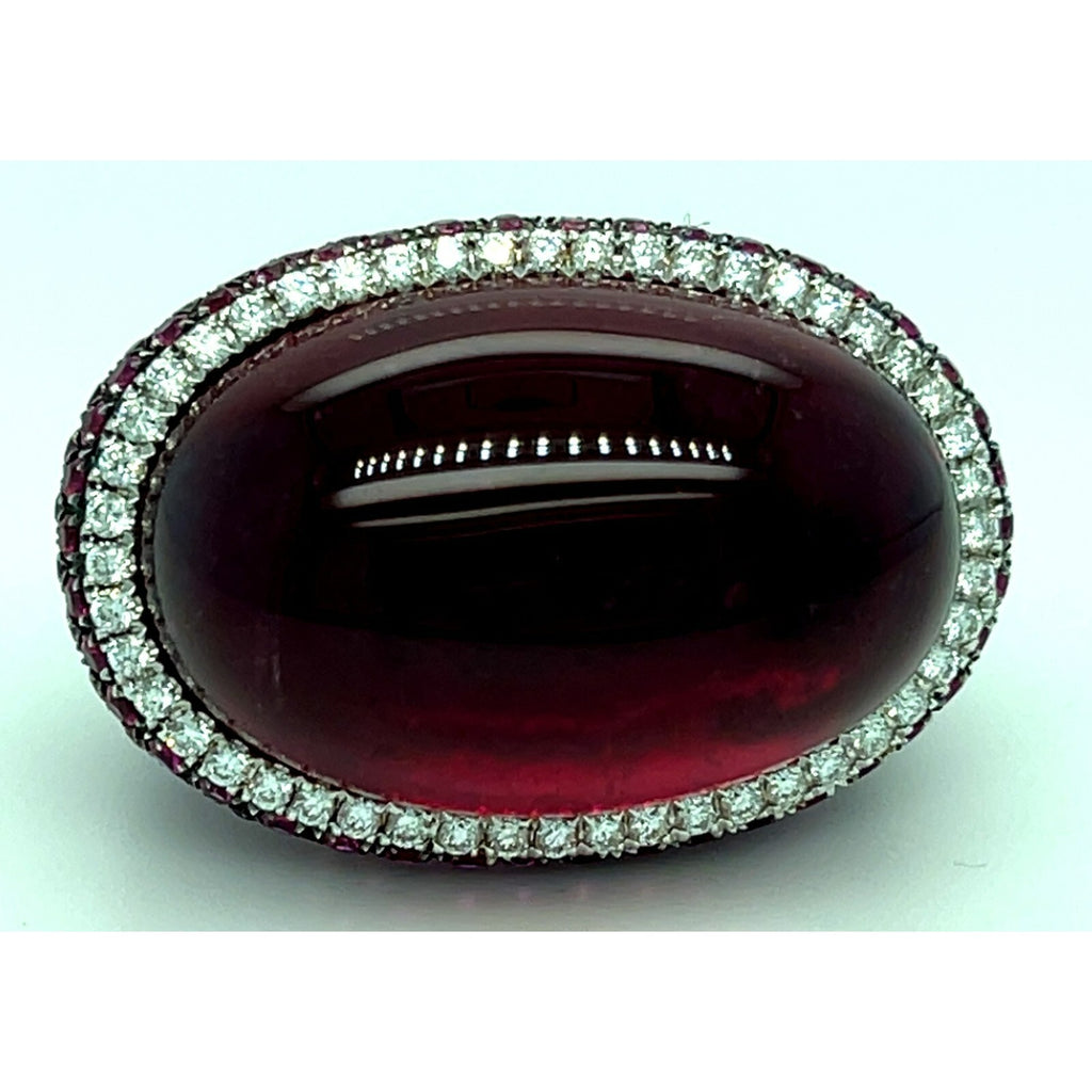 18k White Gold Rubellite Cabochon Ring with Diamond Bezel and Ruby Accents Sz 7