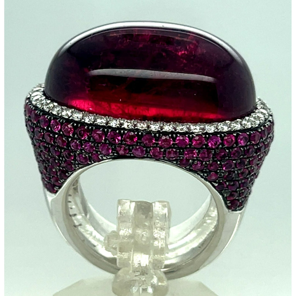 18k White Gold Rubellite Cabochon Ring with Diamond Bezel and Ruby Accents Sz 7