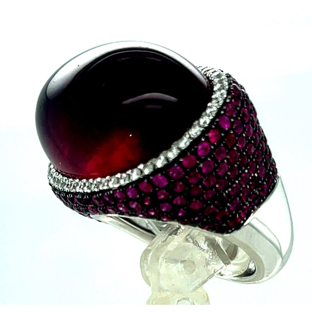 18k White Gold Rubellite Cabochon Ring with Diamond Bezel and Ruby Accents Sz 7