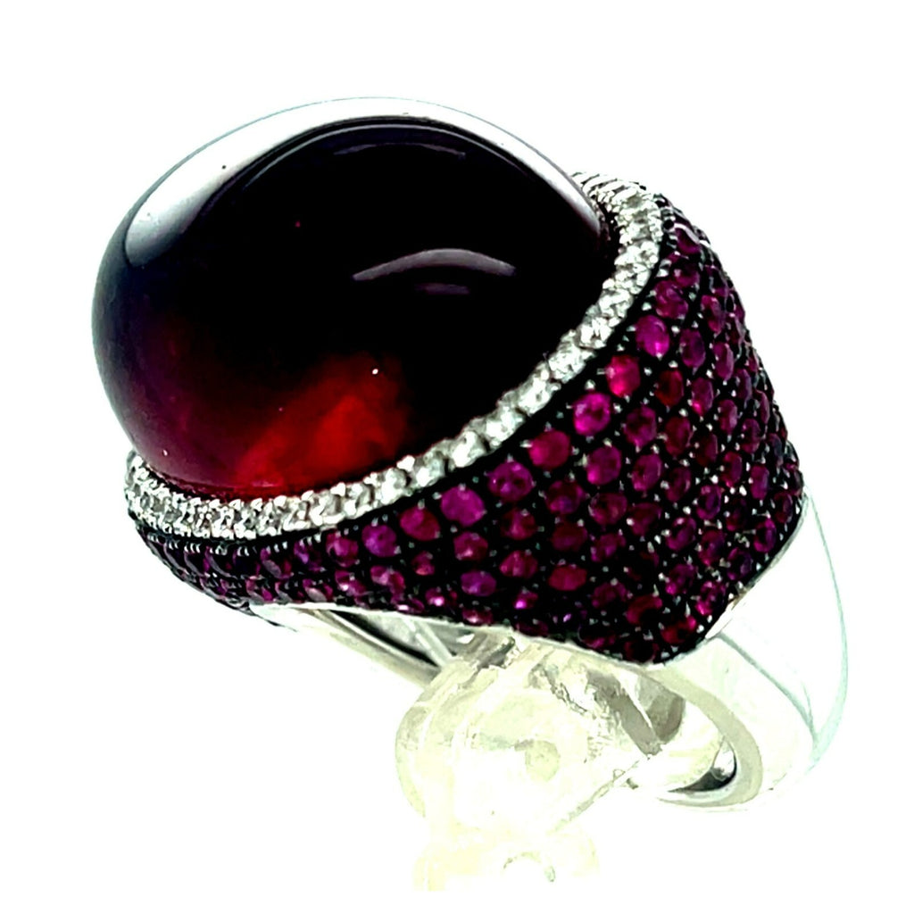 18k White Gold Rubellite Cabochon Ring with Diamond Bezel and Ruby Accents Sz 7