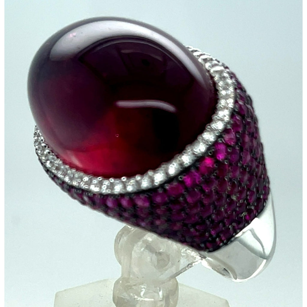 18k White Gold Rubellite Cabochon Ring with Diamond Bezel and Ruby Accents Sz 7