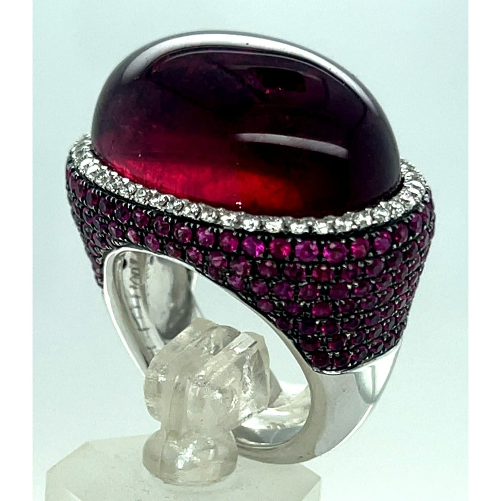 18k White Gold Rubellite Cabochon Ring with Diamond Bezel and Ruby Accents Sz 7