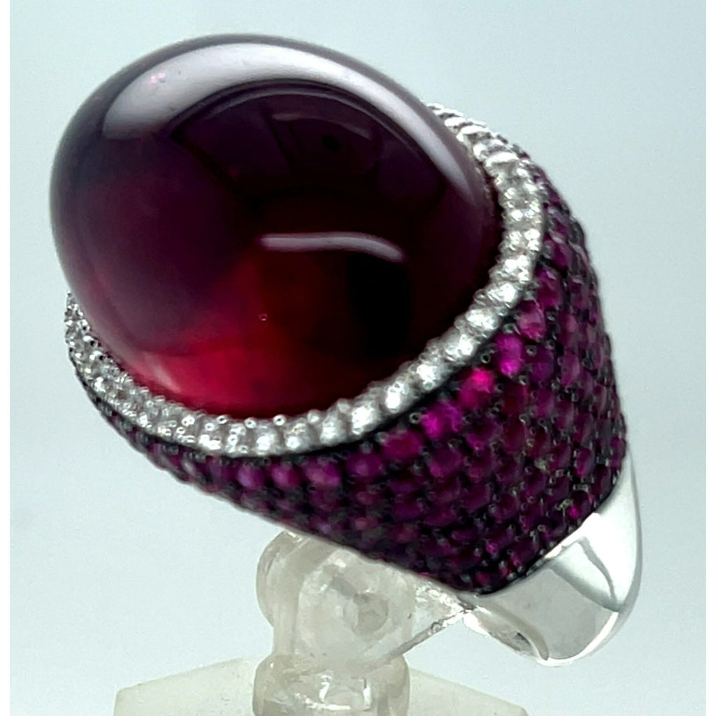 18k White Gold Rubellite Cabochon Ring with Diamond Bezel and Ruby Accents Sz 7